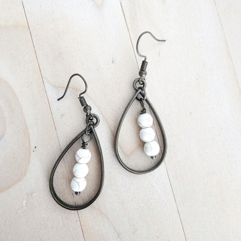 Boho Dangle Howlite Raindrop Antique Bronze Earrings Handcrafted